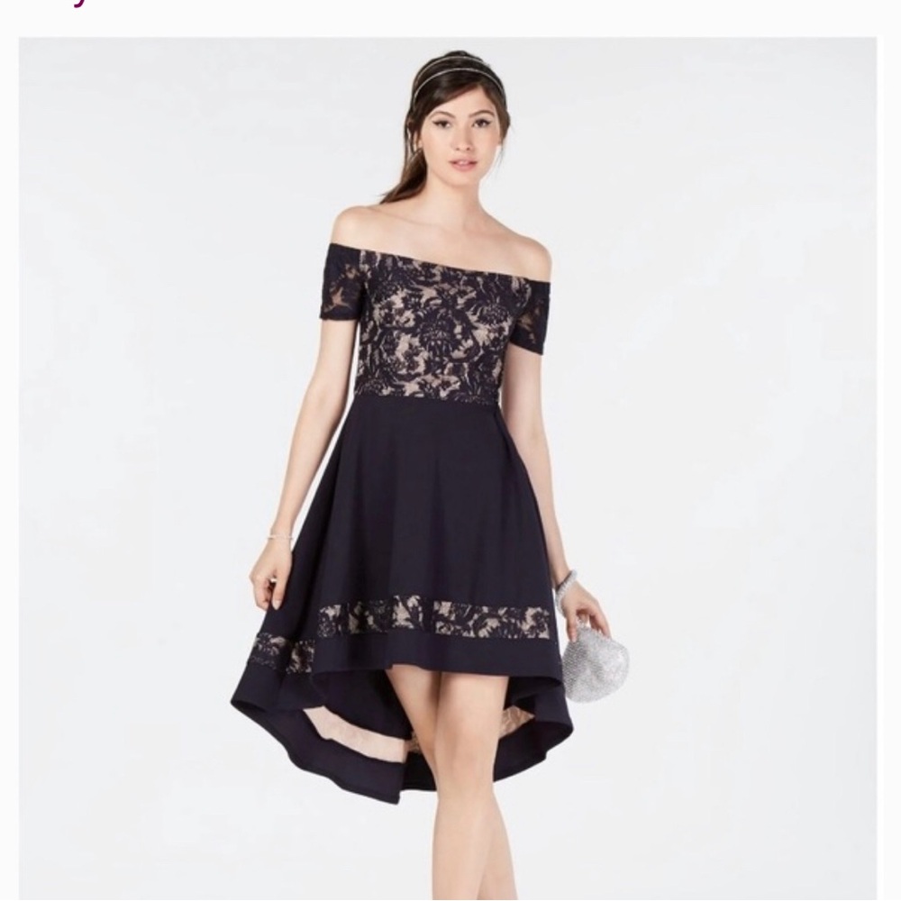 Elegant Navy Lace High-Low Dress